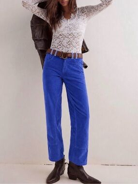 Free People Risk Taker Corduroy Pants 26 Cobalt Blue Straight Leg Stretch